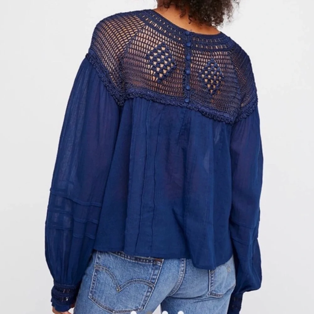 Free People M Navy Blue Gauze‎ Crochet Lace Bib Early Frost Top Blouse Boho